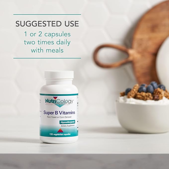 Allergy Research Group NutriCology Super B Vitamins - Complete B-Vitamin Complex - Energy &amp Metabolic Support - Hypoallergenic - 60 Servings - 120 Capsules
