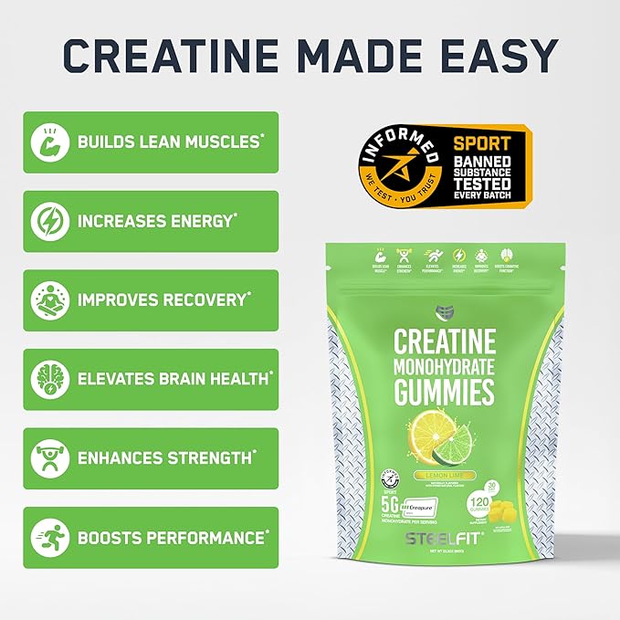 SteelFit Creapure Creatine Monohydrate Gummies for Men &amp Women Lemon Lime - Gym Workout Nutritional Supplements for Muscle Gain Brain Health &amp Strength Building Dietary Supplement 120 Gummi