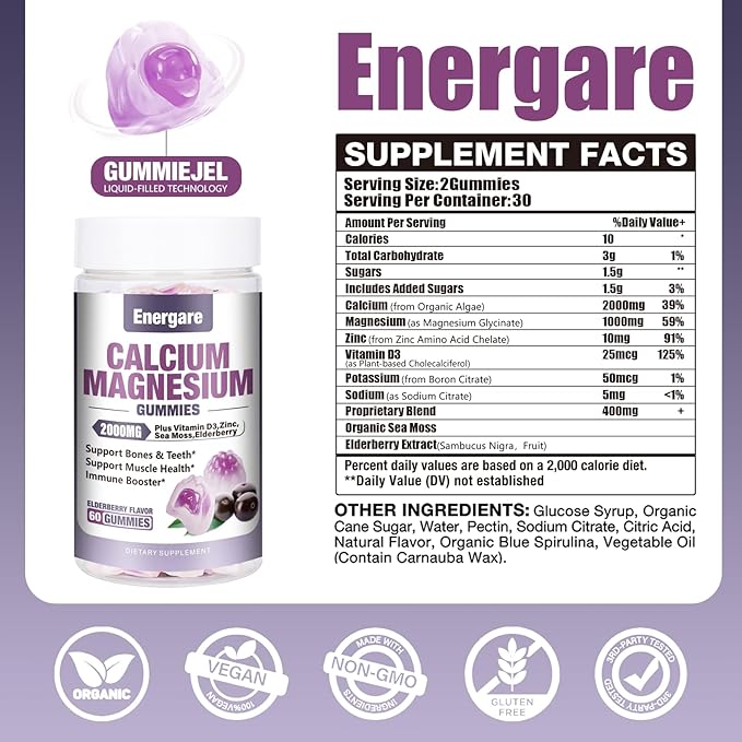 2 Packs Calcium Magnesium Zinc Filled Gummies with Vitamin D3 Sea Moss Calcium Gummies for Bone Muscles Calm Mood Support Supplements for Kids &amp Adults Elderberry Flavor 120cts