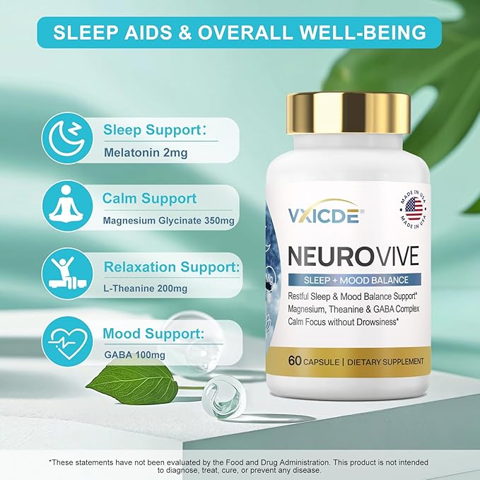 NeuroVive Sleep Capsules Natural Sleep Aids with Magnesium Glycinate L-Theanine GABA and Melatonin Supplements for Calm Sleep Relaxation and Mood Support GMO Free Gluten Free Made in USA