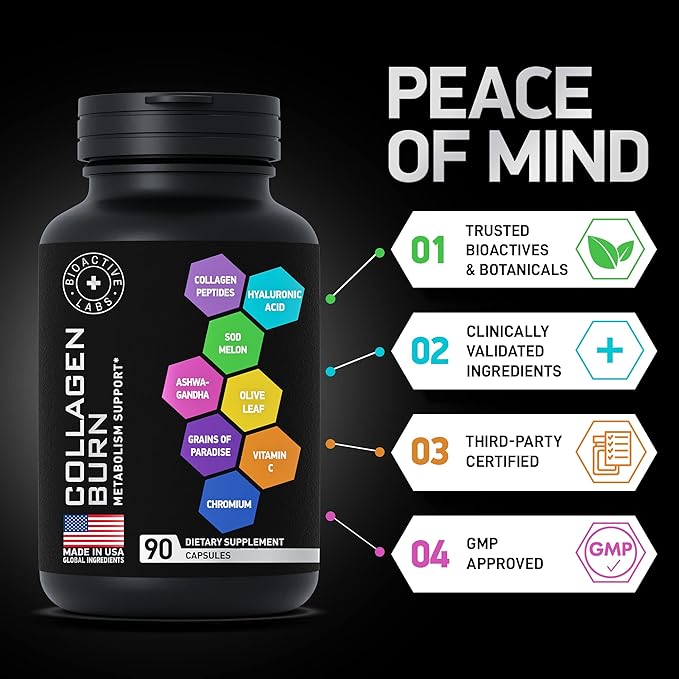 Thermogenic Multi Collagen Burn Capsules - Advanced Type I II III V X Hydrolyzed Collagen Peptides Plus Hyaluronic Acid - Metabolism Cellulite Skin Hair Nails Support - 90 Collagenic Burn Caps