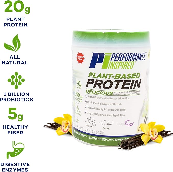 Performance Inspired Nutrition Plant-Based Protein Powder – All Natural – 20G Protein – 1B Probiotics – Digestive Enzymes – Fiber Packed – Gluten Free – Vanilla Bean – 1.5lb