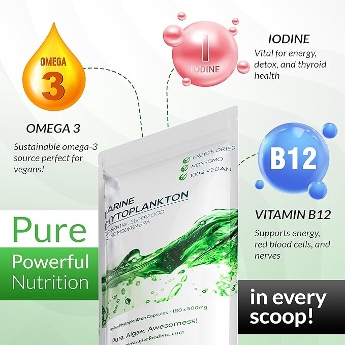 Marine Phytoplankton Supplement Superfood Rich in Omega-3 and Essential Nutrients (180 Capsules)