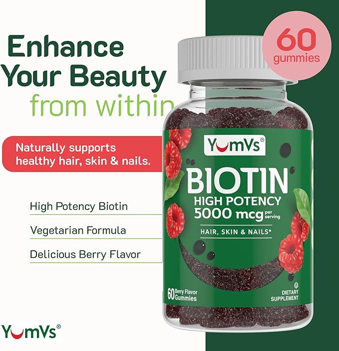 YumVs Biotin Gummies 5000mcg - Luscious Raspberry Flavor - Thicker Faster Hair Growth Gummies for Women or Men - Hair Skin &amp Nails Vitamins - Hair Gummy - Vegetarian Biotin Supplement (60 Ct. 2p