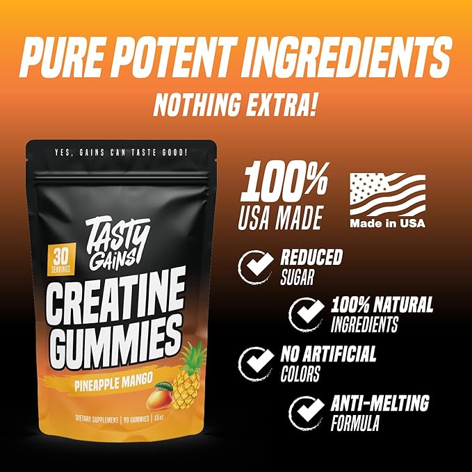 TASTY GAINS Creatine Gummies - 90g of Creatine Monohydrate - Workout Supplements - Build Muscle &amp Boost Strength for Men &amp Women - Made in USA - Non GMO - Vegan Friendly (Large Pineapple Mang