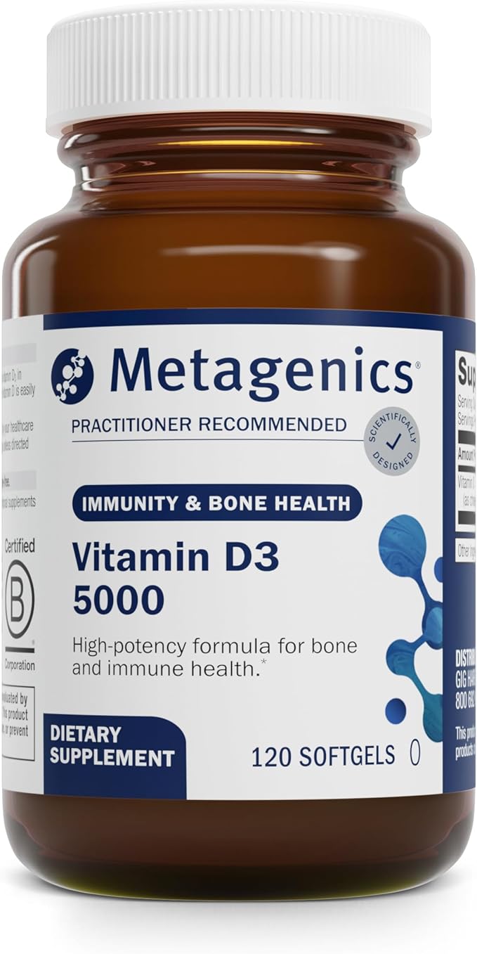 Metagenics Vitamin D3 5000 IU Supplement - High Potency Softgels for Immune Bone &amp Heart Health* - 125 mcg Cholecalciferol in Coconut Oil for Enhanced Absorption* - Non-GMO Gluten-Free - 120 Cou