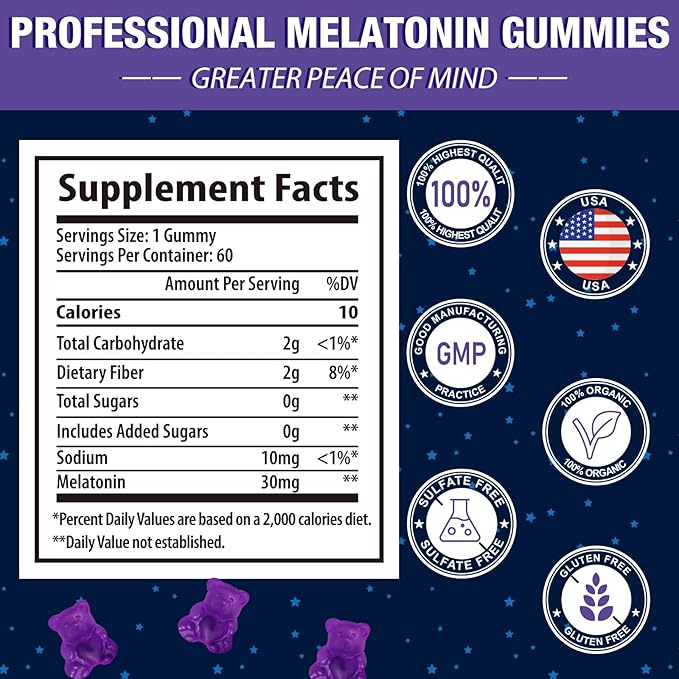 Melatonin Gummies 30mg for Adults - Maximum Strength Melatonin Gummies for Relaxation &amp Soothing Exogenous Melatonin Supplement with FOS for Immune Gut Health and pH Balance Sugar Free -120 Cou