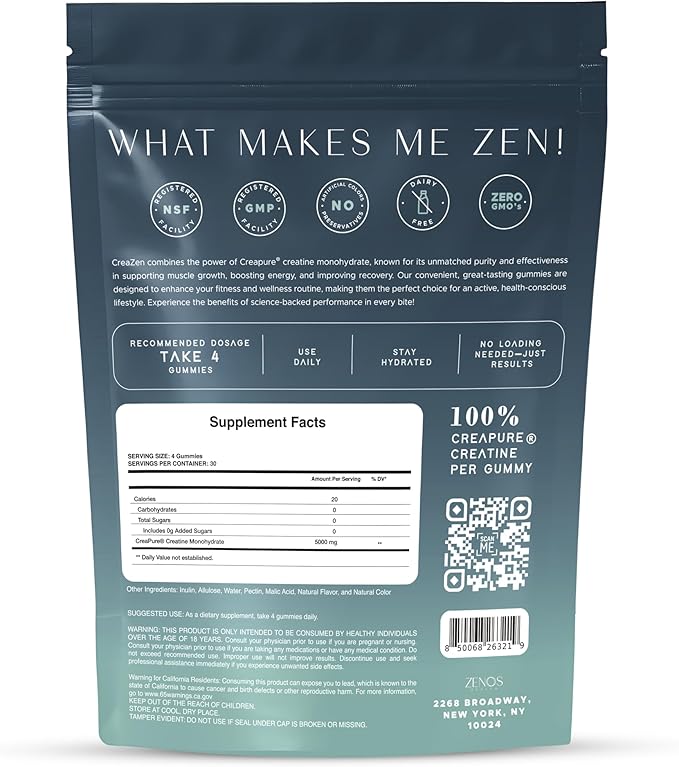 Zenos Health CreaZen - Creatine Monohydrate Gummies - Creatine Supplement for Muscle Growth Strength Recovery &amp ATP Boost Preworkout Supplements - Made in USA Blueberry Flavor - 120 Count