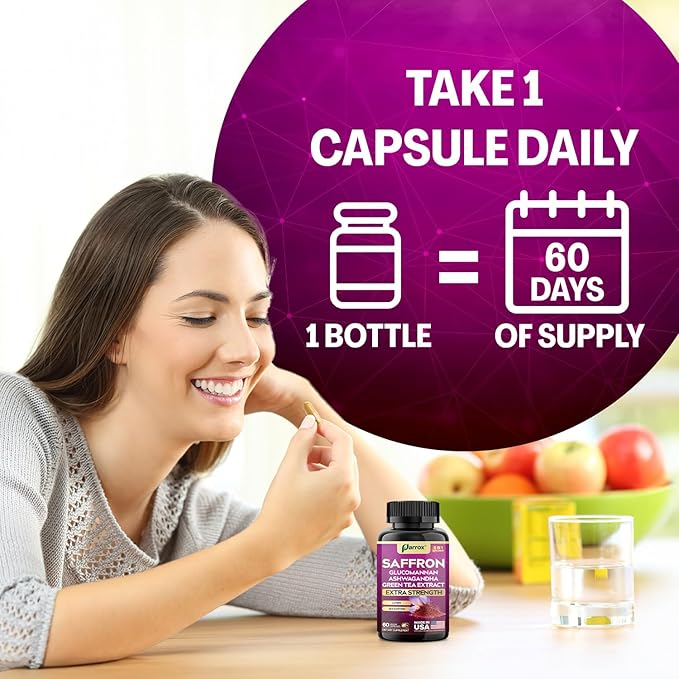 Saffron Supplement with Glucomannan Ashwagandha Green Tea Extract Zeaxanthin &amp Lutein Vision Support &amp Daily Wellness Formula Extra Strength Plant-Based Capsules 2 Month Supply (60 Caps)