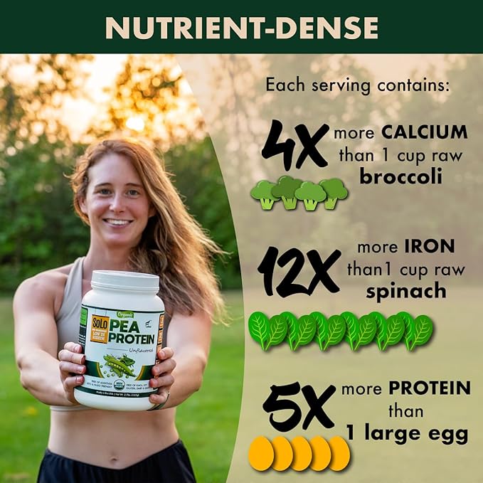 SOLO Organic Pea Protein Isolate Low in Sodium Canada Grown Peas 100% Vegan Non-GMO Unflavored Plant Based Protein Powder with BCAA Keto &amp Paleo Friendly Easy to Digest No Additives (2.7 l