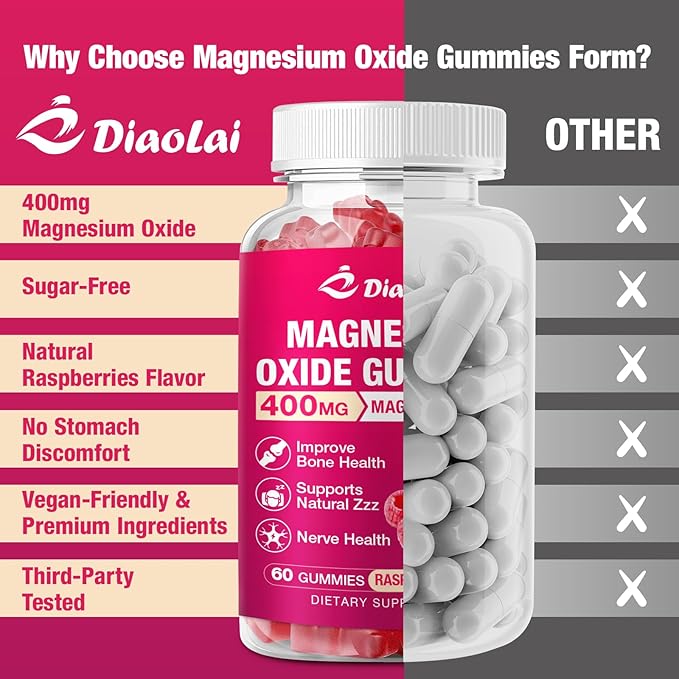Magnesium Oxide Gummies 400mg for Nerve &amp Muscle Support - Chewable Supplement for Adults &amp Kids Sugar-Free Non-GMO Raspberry Flavor 120 Count