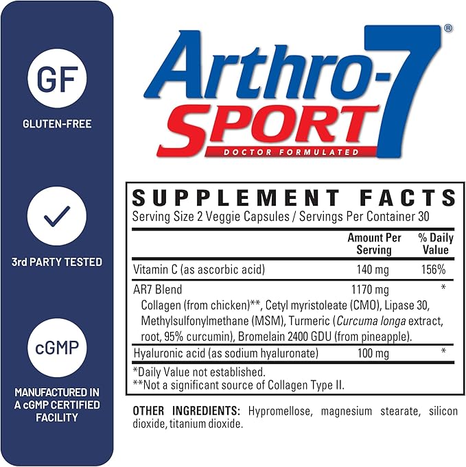 U.S. Doctors’ Clinical Arthro-7 Sport - Clinically Proven AR7 Blend + 100mg Hyaluronic Acid &amp Vitamin C for Flexibility Mobility &amp Strong Cartilage - 60 Capsules - 15/30-Day Supply