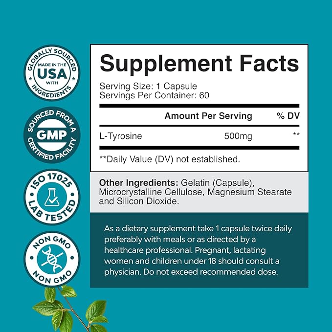 Bundle of High Absorption Magnesium Glycinate Capsules for Calming Sleep Plus Muscle Bone &amp Nerve Support and Free Form L Tyrosine 500mg Capsules for Mental Energy and Focus Support