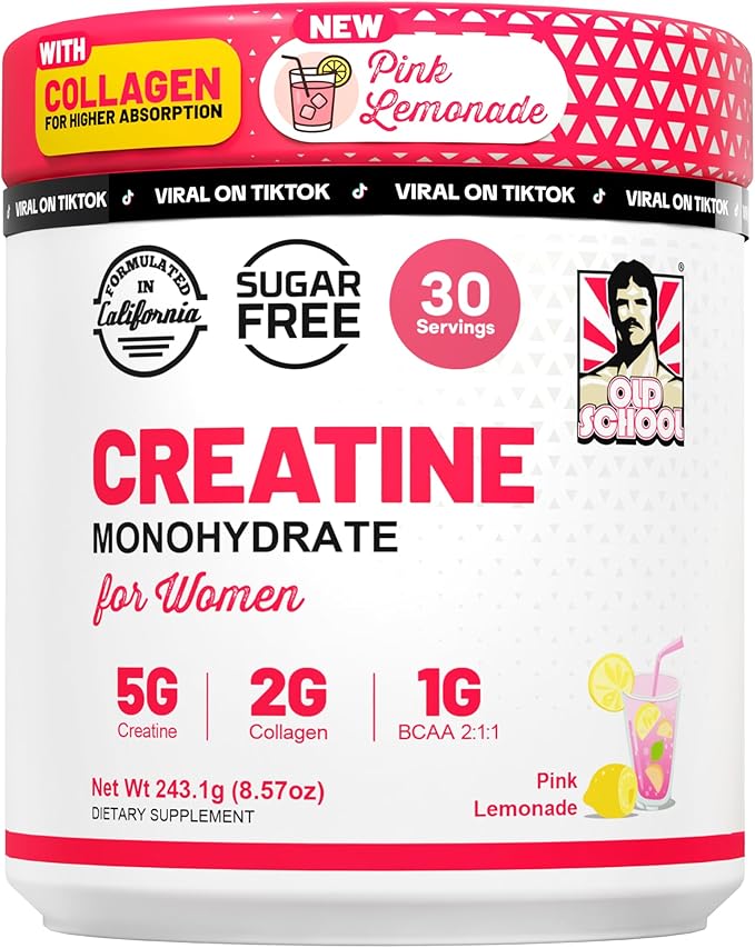 Old School Labs 5g Creatine Monohydrate Powder with Collagen &amp BCAA ∣ Women's Post-Workout Formula for Muscle Repair &amp Recovery Energy &amp Lean Muscle Support 30 Servings Pink Lemonade