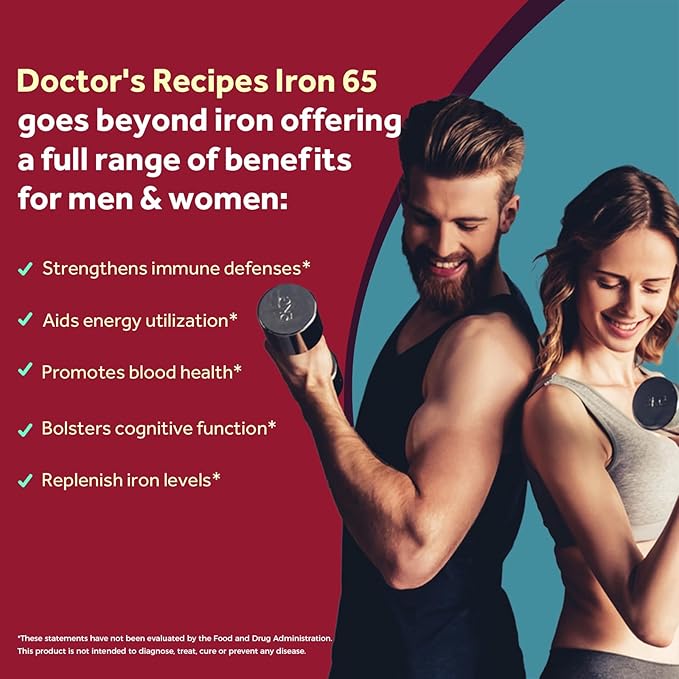 Doctor's Recipes Iron 65 mg &amp Iron Complex Bundle Energy Production &amp Blood Health Stomach Friendly Iron Tablets 60 ct &amp Iron Capsules 30 ct
