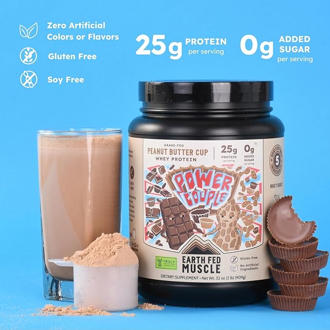 Earth Fed Muscle Power Couple Peanut Butter Chocolate Truly Grass Fed Whey Protein Isolate - Third-Party Certified. No Artificial Ingredients Soy Free Gluten Free Hormone Free 26 Servings