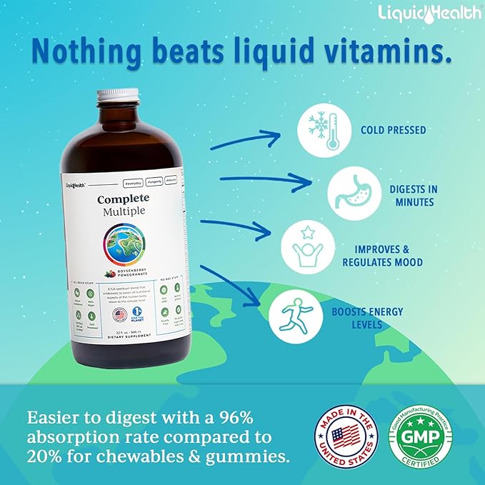 LIQUIDHEALTH Complete Multiple Adult Liquid Multivitamin - Essential Vitamins Minerals &amp Nutrients Immune Support Gut Health Energy Detox - Made in USA Vegan Non-GMO Sugar-Free (2 Pack)