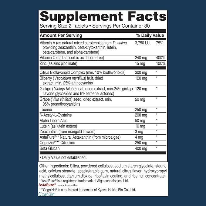 Advanced Bionutritionals – Advanced Vision Formula Supplement Healthy Vision Eye Function Support Eye Vitamins Lutein Zeaxanthin Vitamin A C Zinc Gluten Free Dairy Free Vegan (60 Tablets)