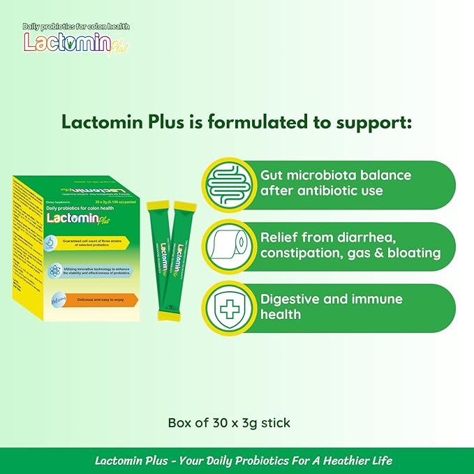 Probiotics - LactominPlus-3 Probiotics Strains - Powder - Sweet Yogurt Flavor - 30 Sticks x 3g (1month) 1.5 Billion CFU with Prebiotics(FOS) Constipation &amp Bloating Relief Microencapsulated
