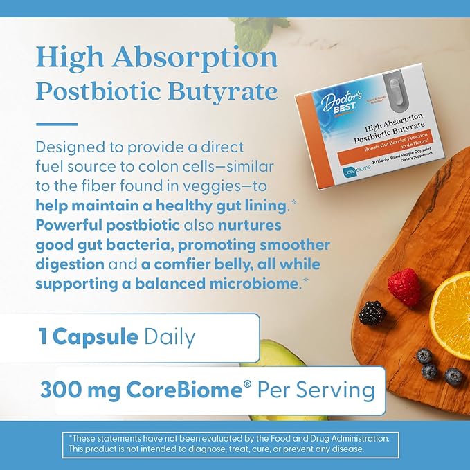 Doctor's BEST High Absorption Postbiotic Butyrate Featuring Corebiome Gut &amp Immune Health Non-GMO Gluten Free Soy Free Vegan 30 Liquid Veggie Caps