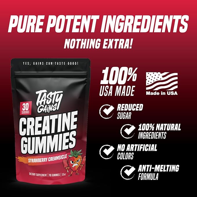TASTY GAINS Creatine Gummies - 90g of Creatine Monohydrate - Workout Supplements - Build Muscle &amp Boost Strength for Men &amp Women - Made in USA - Non GMO - (Large Strawberry Creamsicle Flavor)