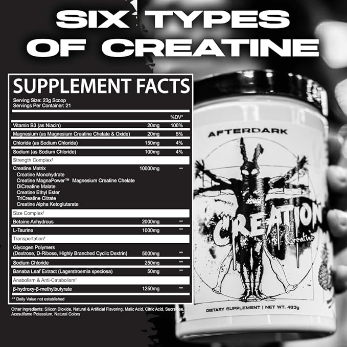 AfterDark Supplements Creation Creatine Monohydrate Powder 10000mg Creatine Matrix Blend Promotes Power Endurance &amp Muscle Growth GMP Certified USA Made 21 Servings Snow Cone
