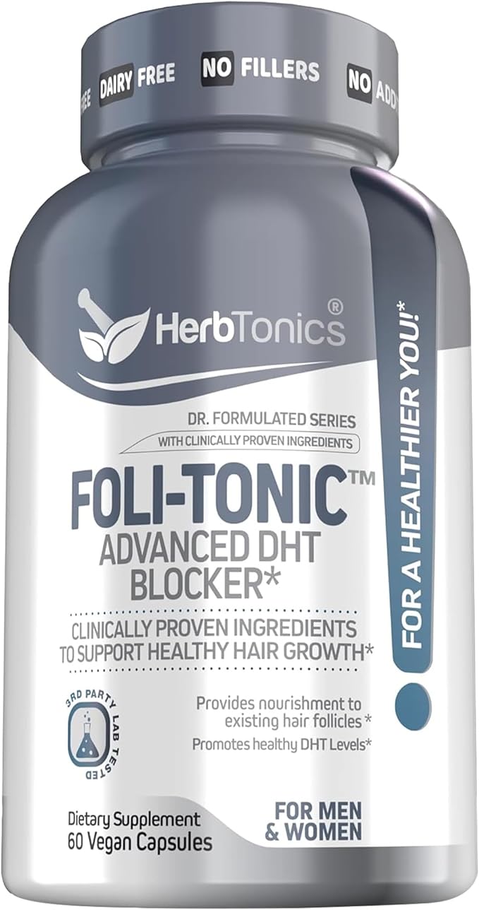 Hair Growth Vitamins for Women &amp Men | DHT Blocker with Saw Palmetto &amp 10000mcg Biotin Foli Tonic Hair Growth Supplement – Supports Fuller Thicker Hair Appearance Non-GMO 60 Vegan Capsules
