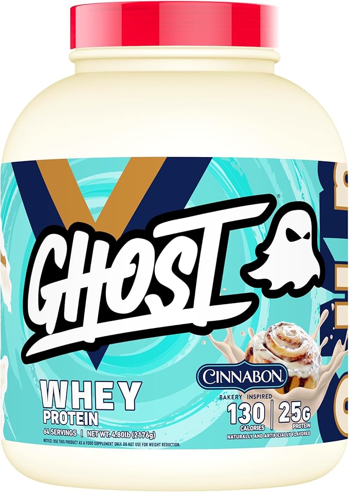 GHOST Whey Protein Powder Cinnabon - 5LB 25G of Protein - Cinnamon Roll Flavored Isolate Concentrate &amp Hydrolyzed Whey Protein Blend - Post Workout Shakes - Soy &amp Gluten Free