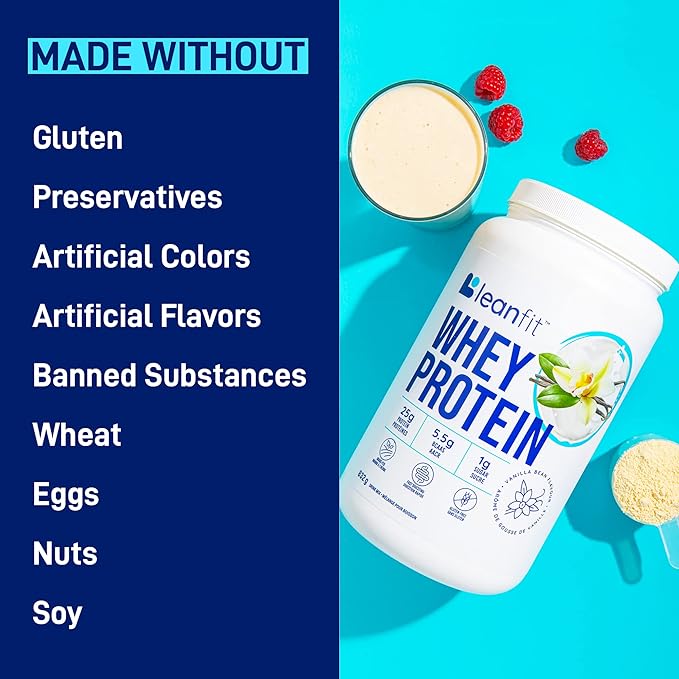 LeanFit WHEY Protein Natural Vanilla – 100% Whey Protein Powder 24g Protein Per Serving – Grass-Fed Gluten-Free Low Carb BCAAs Amino Acid – 23 Servings 1.83 Pound Tub