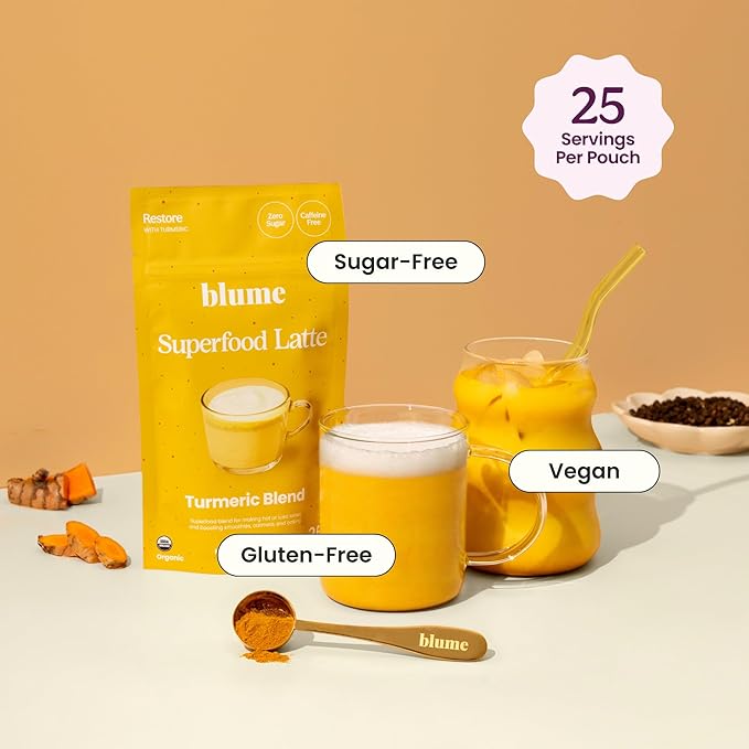 Blume Superfoods Latte - Turmeric Powder and Ginger Powder - Golden Milk Cardamom Ginger Root Caffeine Free Sugar-Free Organic - Vegan Keto Friendly Gluten-Free - 25 Servings