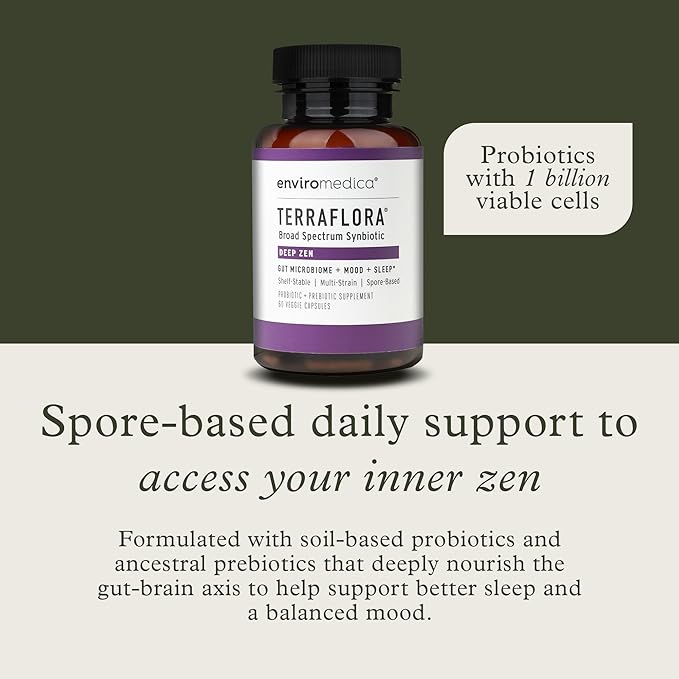 Enviromedica Terraflora Deep Zen Synbiotic - Spore Based Probiotics and Prebiotics for Gut Health &amp Mood Support Organic Soil Based Probiotic Supplement for Men and Women 60 Capsules
