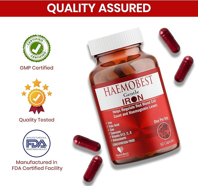 HealthBest High Potency Gentle Iron Capsules 19mg |Slow Release Iron for Faster Absorption Non-Constipating| Vitamin C B12 Folate Zinc &amp Selenium for Anemia Hemoglobin &amp Immune Support |60