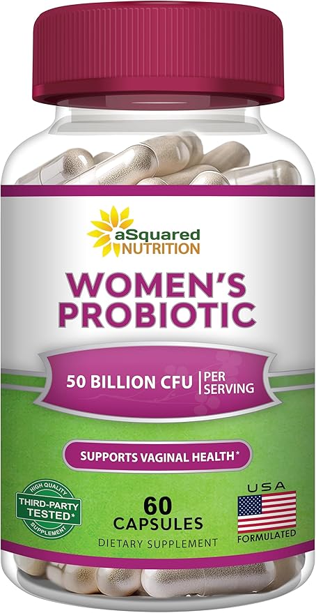 aSquared Nutrition Probiotics for Women - 50 Billion CFU Women's Probiotic Supports Digestive Gut Vaginal &amp Urinary Tract Health - Prebiotics for Females - 60 Capsules - Alt to Gummies