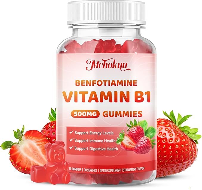 Vitamin B1 Gummies 500mg with Benfotiamine | High Potency Thiamine Supplement for Women &amp Men Energy Support | Sugar Free Vegan Non-GMO | Natural Strawberry Flavor 120 Count