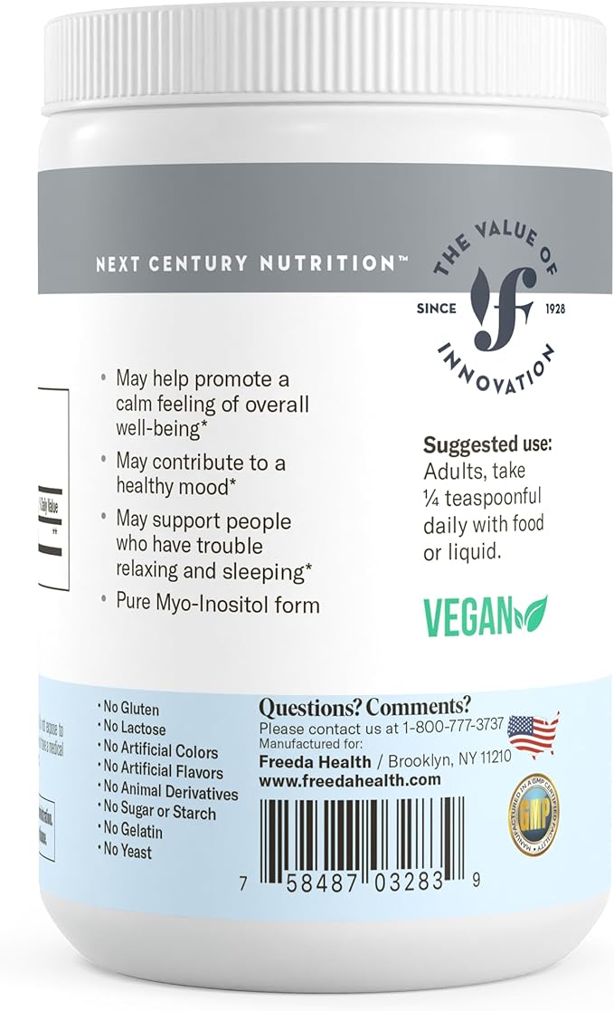 FREEDA Pure Myo-Inositol Powder – Vitamin B8 for Hormone Mood &amp Cellular Health – Supports Fertility Focus Energy &amp Nervous System Function – Kosher Vegan Non-GMO Gluten-Free (16 oz)