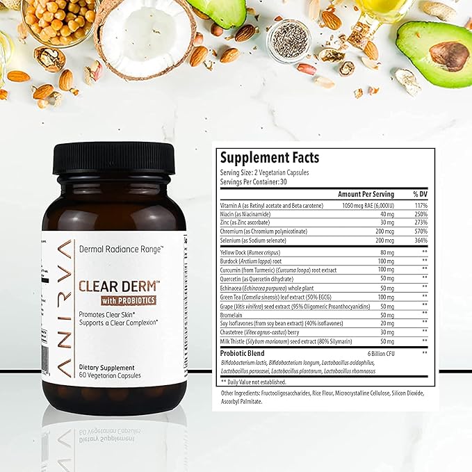 Clear Skin Supplement with Zinc &amp Probiotics for Adults – Supports Hormonal Acne Breakouts &amp Rosacea – Acne Pills for Clearer Complexion – Anirva ClearDerm
