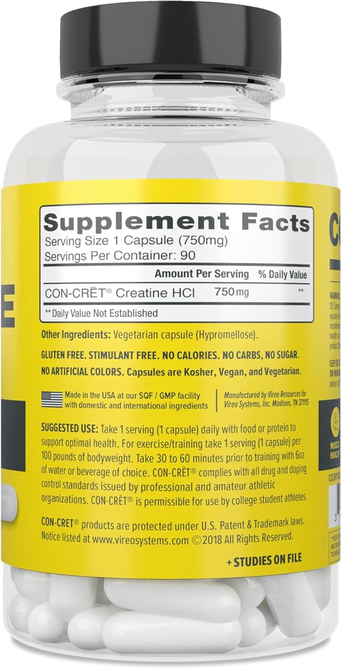 CON-CRET Creatine HCl Capsules | Muscle Cognitive Cellular Energy Support | No Bloating or Cramps | USA Made &amp NSF Certified | Creatine Pills (72ct)