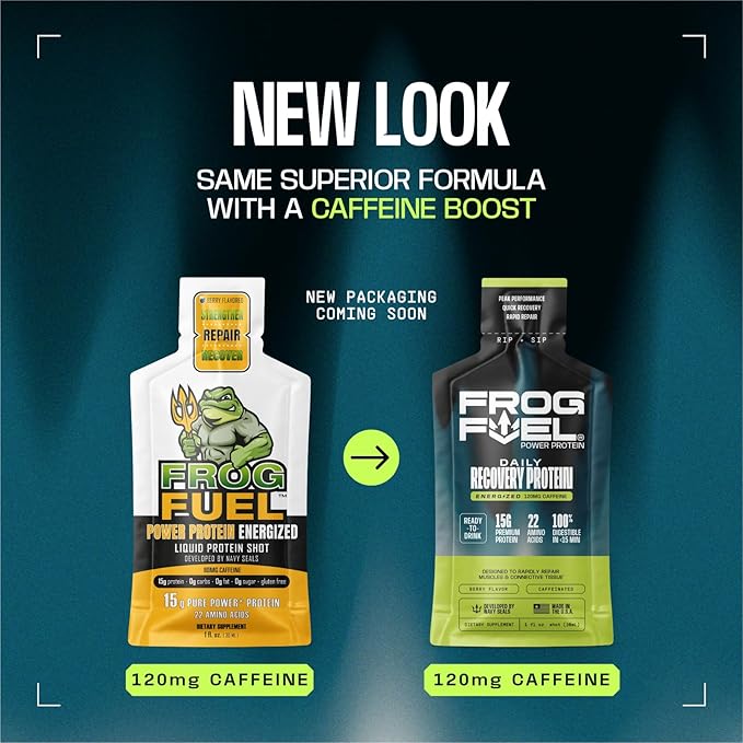 Frog Fuel Power Energized Protein Shot 15g Protein Nano-Hydrolyzed Grass Fed Collagen 120mg Caffeine Fat &amp Sugar Free 22 Amino Acids 0 Carbs Berry 1 oz Packets 24 Pack