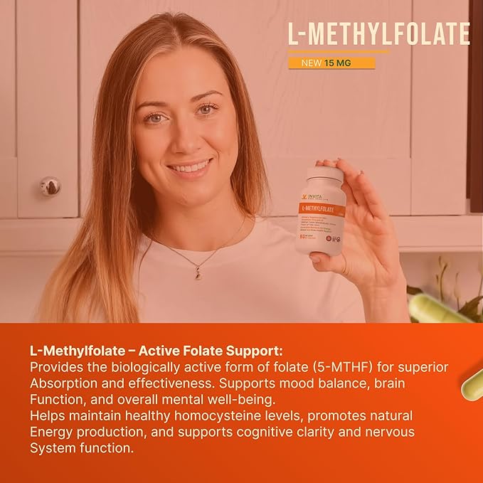 INVITA L-Methylfolate 15mg – Physician Formulated Active Methyl Folate - 5-MTHF Supplement for Energy Mood &amp Brain Health Support - Non GMO Gluten Free 90 Capsules (3 Month Supply)