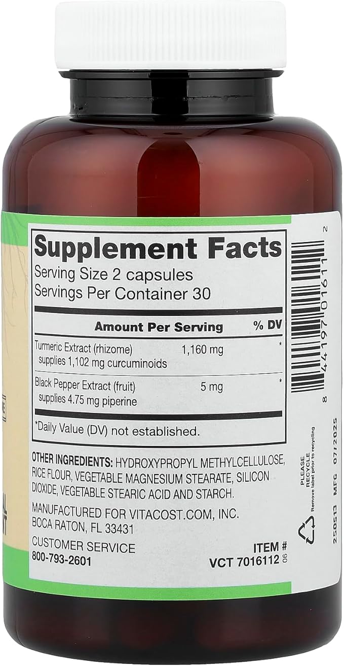 Vitacost Turmeric Extract Curcumin C3 Complex with Bioperine - 1160 mg per Serving - 60 Capsules