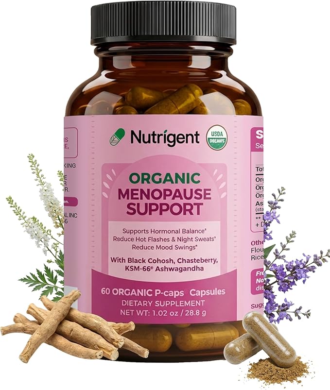 USDA Organic KSM-66 Ashwagandha Vitex Berry &amp Black Cohosh Menopause Support Supplement for Women Natural Relief for Hot Flashes Night Sweats &amp Mood Swings Hormone-Free (60 CT)