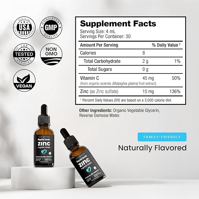 NutraChamps Liquid Zinc for Kids &amp Adults Vegan Pure Ionic Zinc Drops Enhanced with Vitamin C Supplements for Immune Support Sugar-Free Liquid 4 oz