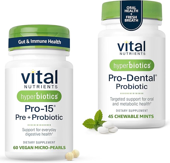 Hyperbiotics Vital Nutrients Gut &amp Oral Health Bundle – Pro-15 Digestive Prebiotics + Probiotics (60 Time Release Pearls) &amp Pro-Dental Oral Probiotics with BLIS K12 &amp M18 (45 Mint Tablets)