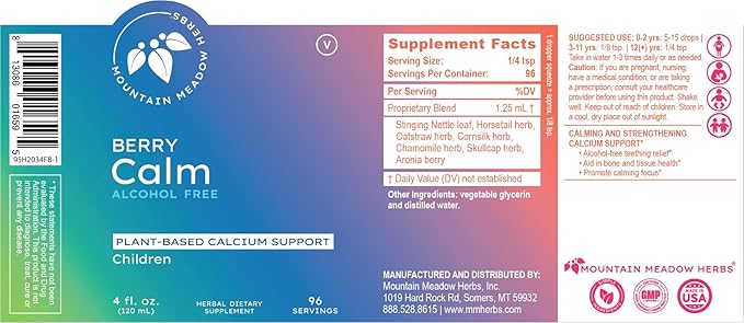 Mountain Meadow Herbs Berry Calm for Kids – Herbal Calcium Supplement for Strong Bones Teeth Focus &amp Relaxation Great Tasting Liquid Formula 4 oz