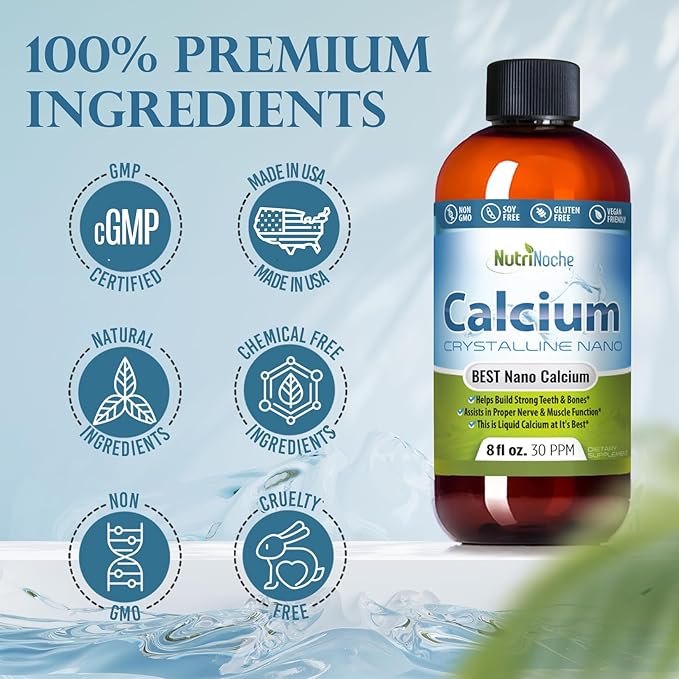 NutriNoche Liquid Calcium Supplement - 99.99% Ultra Pure Crystalline Nano Calcium for Women Men &amp Children - Calcium Citrate Alternative - Absorbed at a Cellular Level Sublingually - 30 ppm