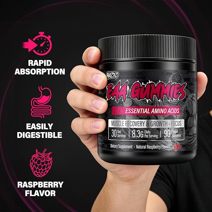 EAA Gummies - 2:1:1 BCAA Formula (8300mg) - Essential Amino Acids for Muscle Recovery &amp Endurance - Non-GMO Gluten Free Sugar Free Vegetarian Raspberry Flavor - 90 Count