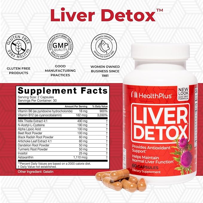 Health Plus Liver Detox Natural Herbal Liver Support &amp Detox Supplement with Milk Thistle Dandelion and Turmeric Root 60 capsules