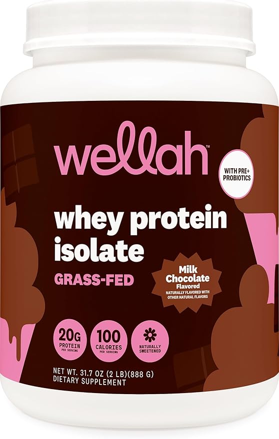 Wellah Grass-Fed Whey Protein Isolate Powder (Milk Chocolate) 30 Servings - with Prebiotics Enzymes &amp Probiotics 20g of Protein 100 Calories Naturally Sweetened