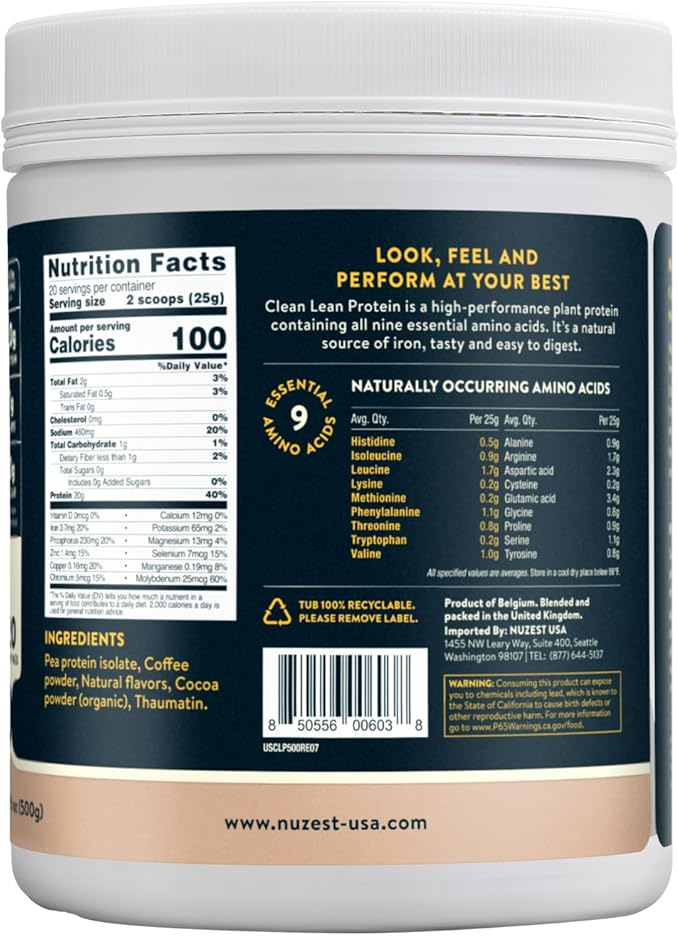 Nuzest - Pea Protein Powder - Clean Lean Protein Premium Vegan Plant Based Protein Powder Dairy Free Gluten Free GMO Free Protein Shake Real Coffee 20 Servings 1.1 lb