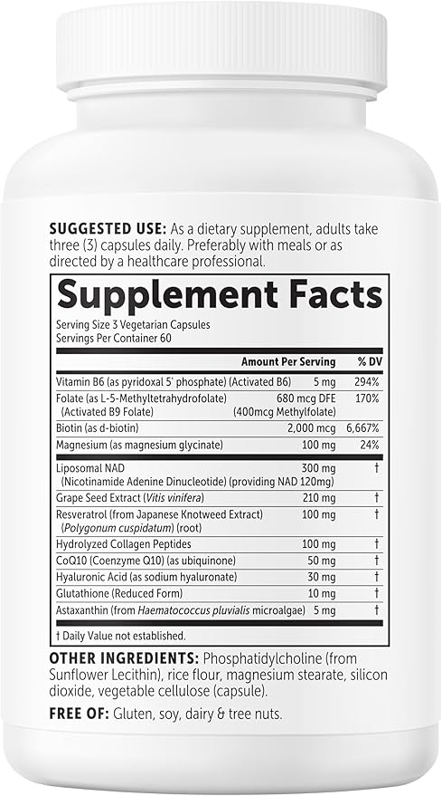 Micro Ingredients Liposomal NAD+ for Women Complex 180 Veggie Capsules | NMN Pathway Supplement | 12-in-1 Advanced NAD Formula with Resveratrol Hyaluronic Acid Glutathione &amp Collagen